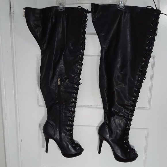 Free Reign Blk Vegan Wide Calf Lace-up Heel Boots - Picture 2 of 9